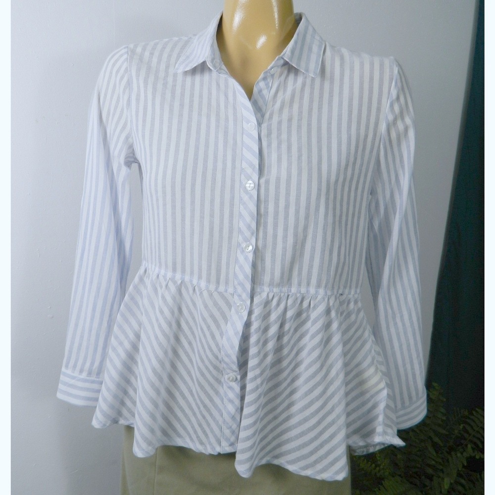 Love Notes Peplum Button Down Shirt Womens Size S Blue White Striped Roll Tab